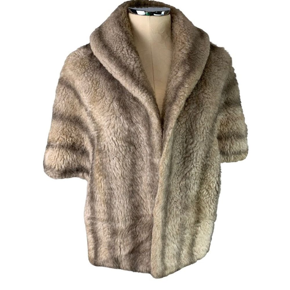 Vintage Glenoit Faux Fur Stole Shoulder Wrap Made in USA Brown Collar‎